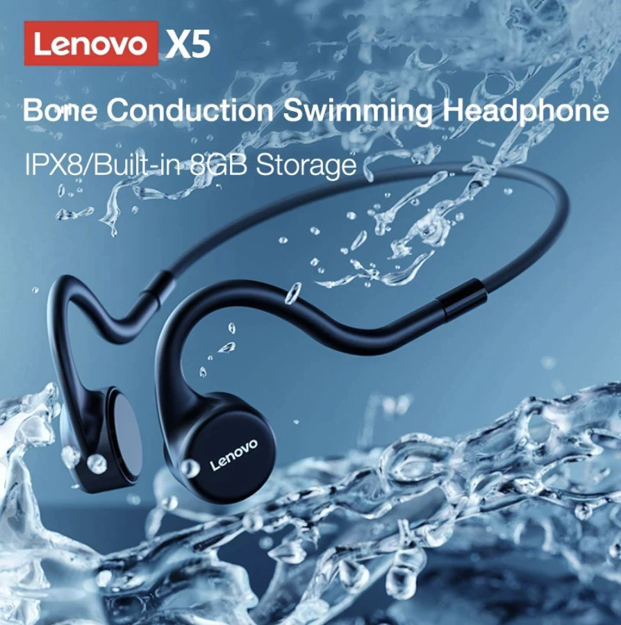 Lenovo Auriculares de Conducción Ósea, Audífonos Inalámbricos, Bluetooth, Alta Fidelidad, Gancho para la Oreja, Micrófono, Impermeables