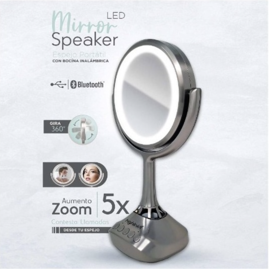 Espejo Led con Bocina Highlink Mirror Speaker, iluminación led circular, espejo normal y aumento x5