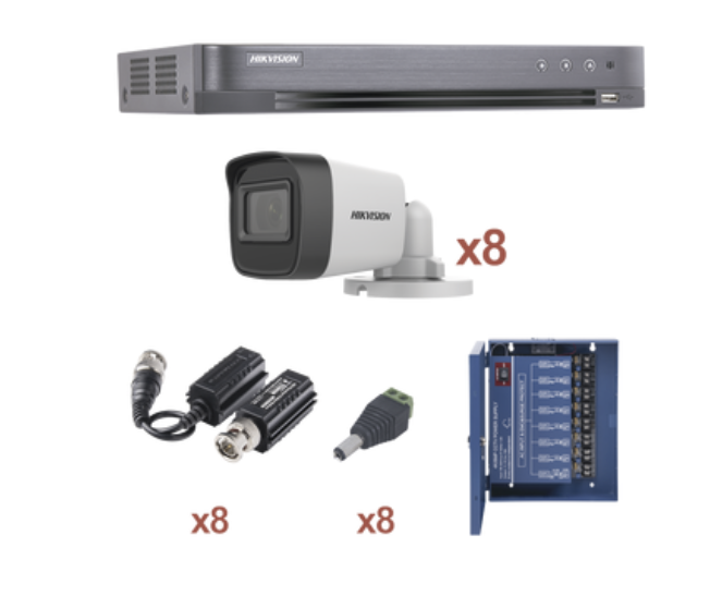 KIT TurboHD 1080p / DVR 8 Canales / 8 Cámaras Bala (exterior 2.8 mm) / Transceptores / Conectores / Fuente de Poder Profesional hasta 15 Vcd para Larga Distancia
